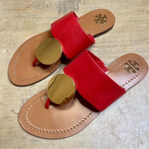 Tory Burch Patos Disk Thong Leather Sandals, Brilliant Red/Gold Size 7M - Picture 2 of 8